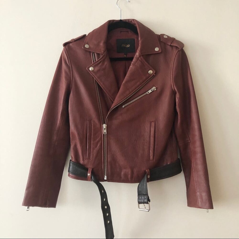 Maje Red Lamb Leather Biker Jacket - Picture 3 of 8